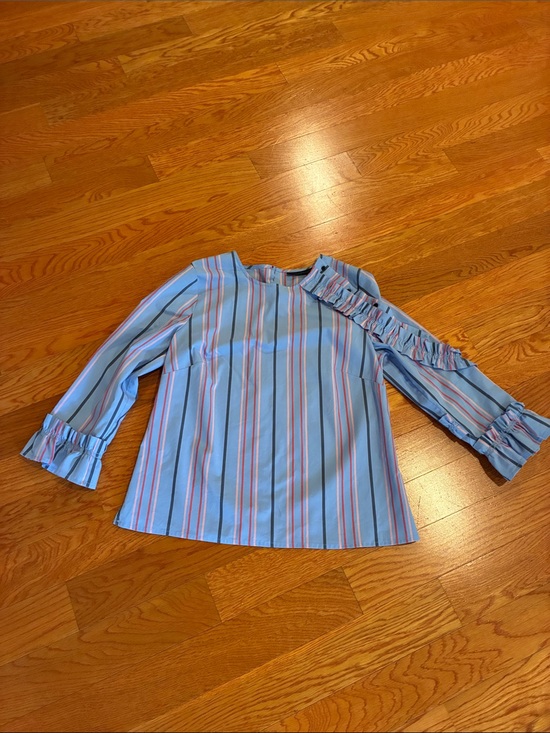 Halogen Tops - Halogen Light Blue Striped Ruffle Blouse